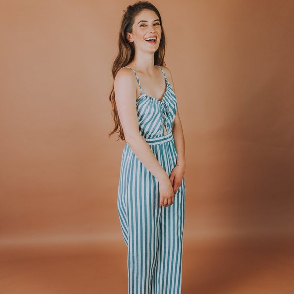 Cotton jumpsuit in blue and white stripe